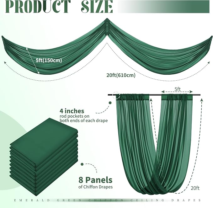 8 Panels Emerald Green Ceiling Drapes - Image 2