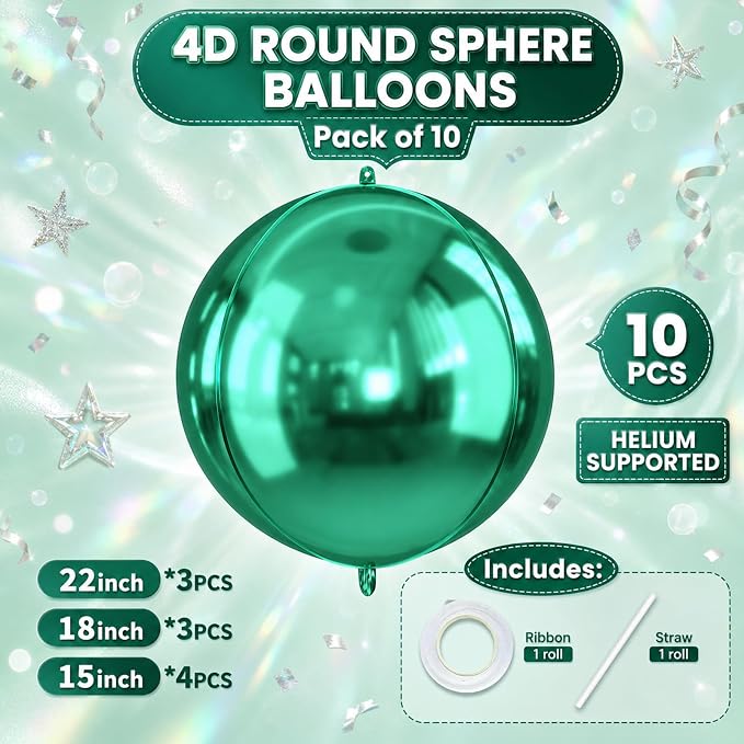 10Pcs Green Round Foil Balloons, Metallic Green Foil Baloon - Image 2