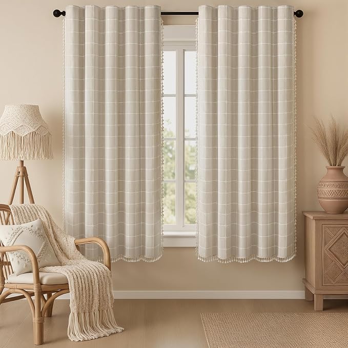 Boho Blackout Plaid Curtains 63 Inch Drapes Linen Blend 2 Panels | Vintage by Unknown