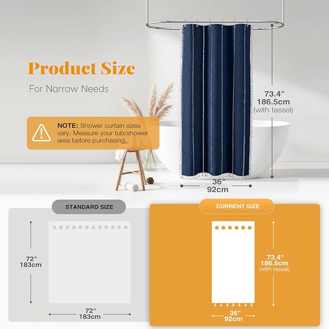 Small Boho Linen Heavy Duty Cloth Shower Curtain, 330GSM Linen Blend, Water - Image 3