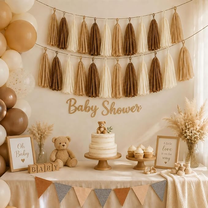 Brown Beige Cream Tissue Paper Tassel Garland 15PCS Banner | Boho Style - Image 2