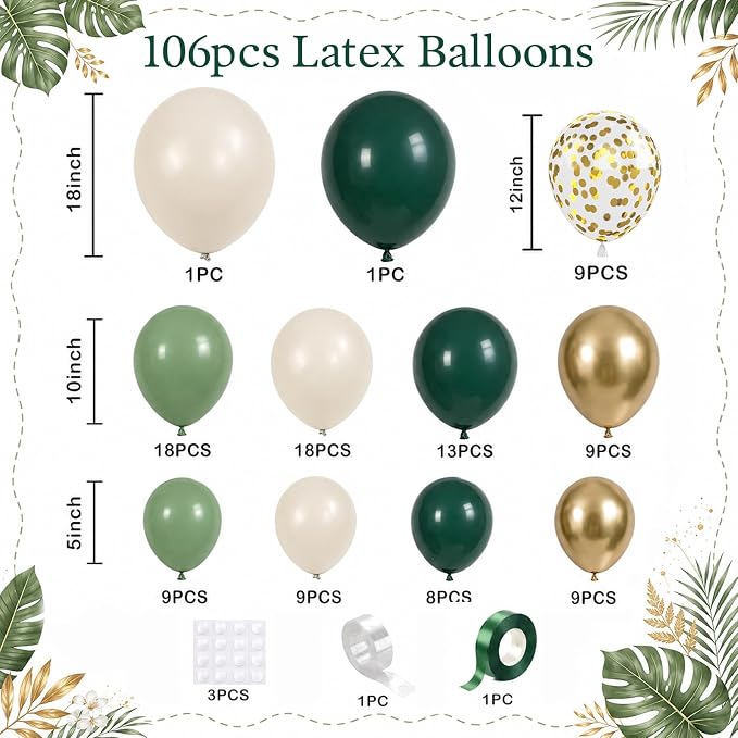 Emerald Green White Gold Balloons Arch Kit - Image 2