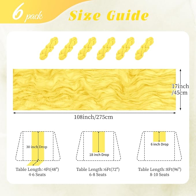 6 Pack Lemon Yellow Cheesecloth Table Runner 17x108 Inch Semi Sheer Boho Gauze - Image 2