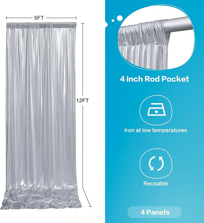 gogoparti Silver Backdrop Curtain 10x12FT 2 Panels Metallic Shine Fabric - Image 5
