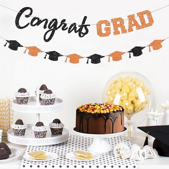 Prestrung Congrats Grad Banner Orange and Black Graduation Banner - Image 6