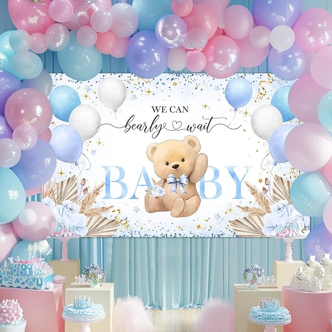 Blue Bear Baby Shower Backdrop 6x3.6 ft We Can Bearly Wait Banner - Image 2