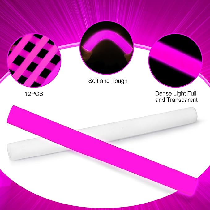 Glow Foam Sticks Bulk, 24 Pcs Pink Giant LED Light Up Sticks 3 Modes Flashing Glowing Baton Wands Party Supplies for Wedding, Raves,Concert,Birthday,Christmas, Halloween,Sporting Events