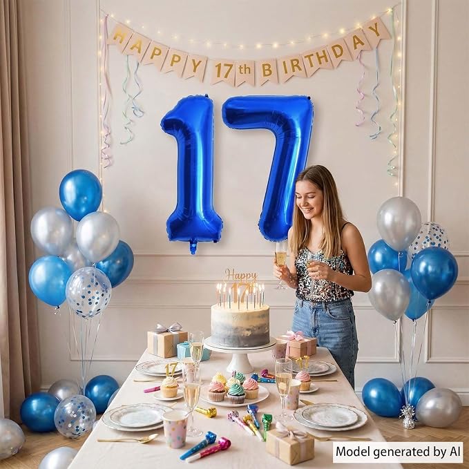 Navy Blue Number 17 Balloon 40 Inch, Shiny Foil Numeral - Image 6