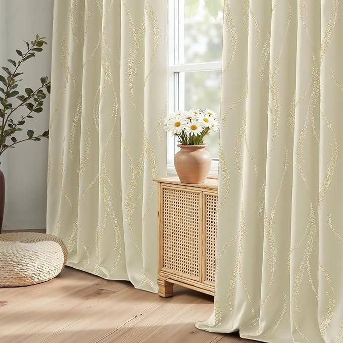 Yakamok Cream Light Blocking Curtains 63 Inches Long Gold Print Wide 52" | Gold - Image 9
