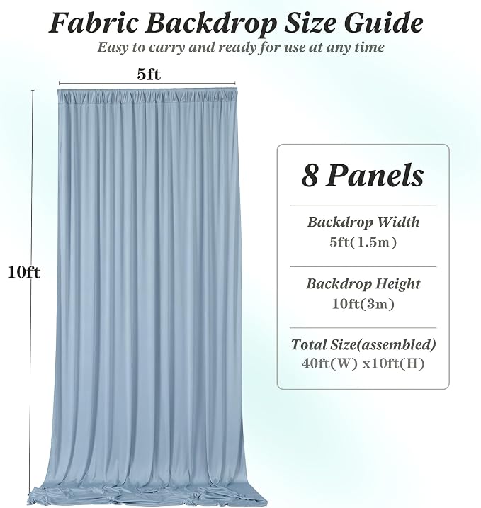 40 ft x 10 ft Wrinkle Free Dusty Blue Backdrop Curtain - Image 7