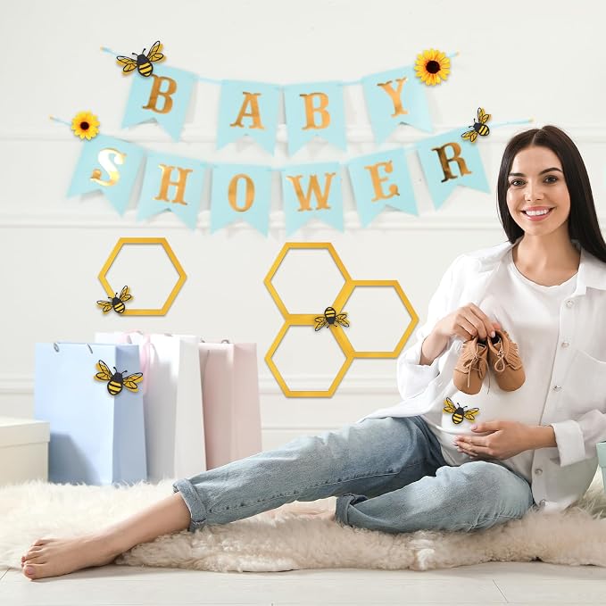Yousoontic 26 Pcs Honeycomb Decorations Include 7.9'' Wooden Hexagon 3D Bee - Image 4