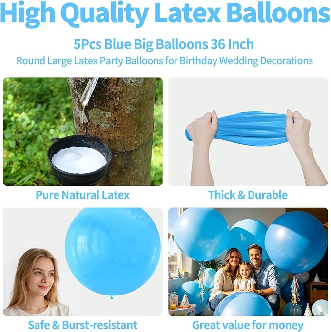 5Pcs Light Blue Balloons 36 Inch, Round Large Latex Party Balloons - Image 2