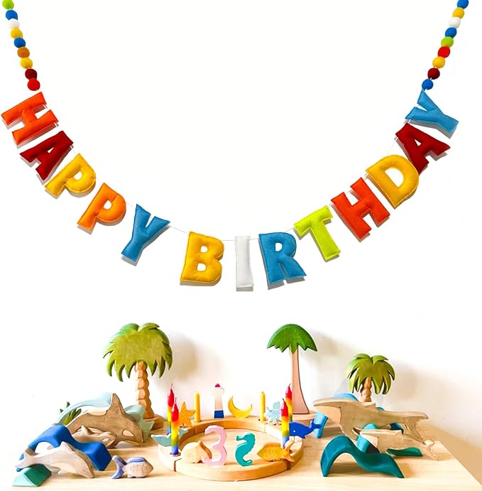 Pre-Strung Reusable 3D Happy Birthday Banner Sign, Rainbow Felt Ball Garland | - Image 8