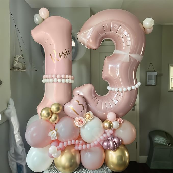 Pink 4 Balloon Number 40 Inch, Dusty Blush Pink Gold Sand White Latex Balloons - Image 8