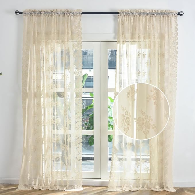Kotile Beige Lace Sheer Curtains Rustic Floral, 52 x 84 Inch, 2 Panels | Rod - Image 2