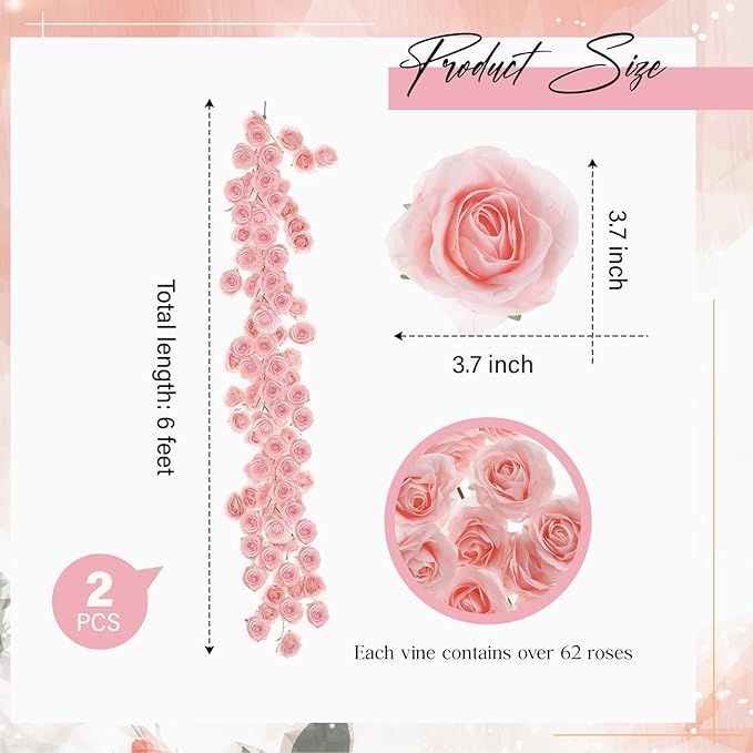 2 Pcs Pink Artificial Rose Vine Hanging Faux Flowers Garland for Wedding Anniversary Birthday Party Background Arch Garden Home Wall Room Decor