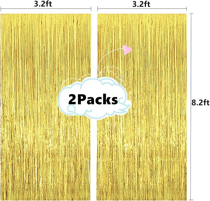 2 Pcs 3.2ft x 8.2ft Shiny Gold Metallic Tinsel Foil Fringe Curtains Photo Booth - Image 2