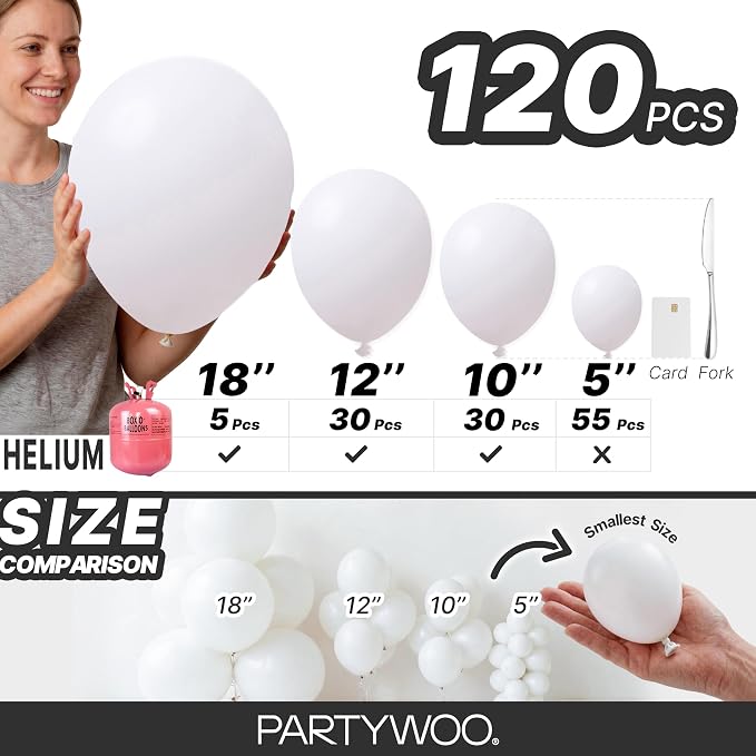 PartyWoo White Balloons 120pcs Matte White Latex Balloons Different Sizes | 18 - Image 6