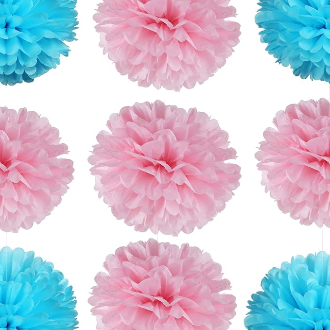 14" Pink and Blue Tissue Pom Poms Kit DIY Decorative Paper Flowers - Image 3