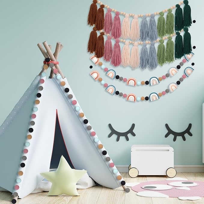 Hahafelt 4 Pcs Sage Green Boho Tassel Garland Boho Back to School Wall Hanging - Image 6