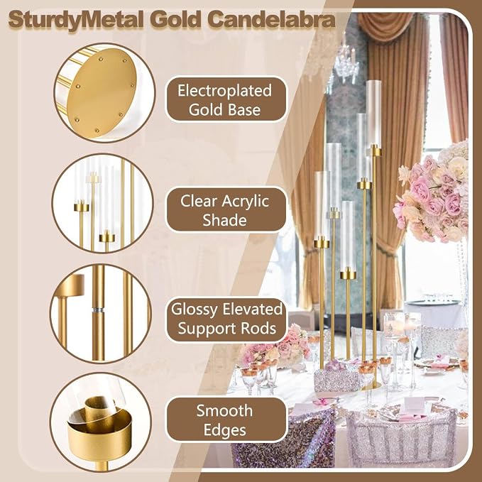 5 Arm Candelabra with Acrylic Lampshade Set of 4 Gold Candelabra - Image 4