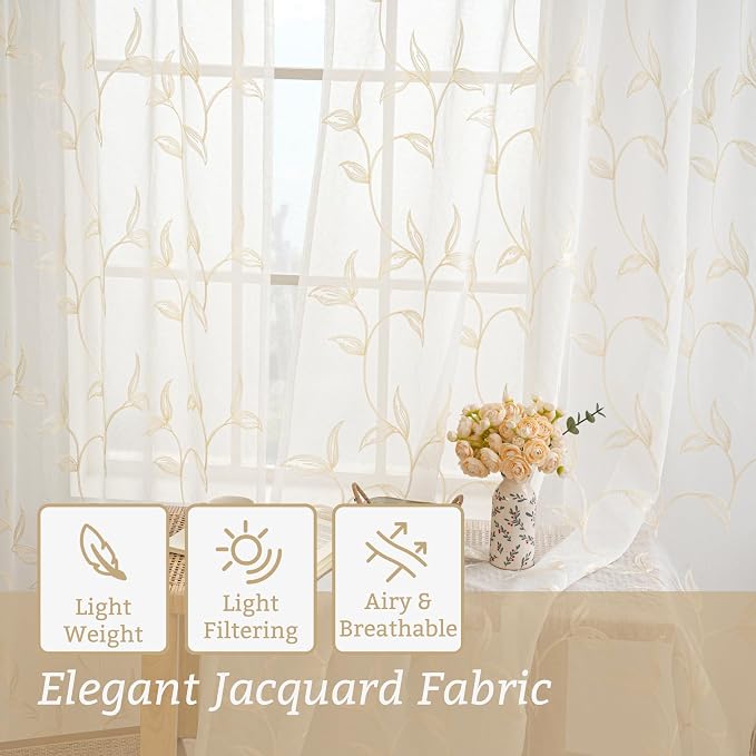 Sheer Curtains Boho Leaf Floral Embroidered Cream Beige 54Wx96L | Light - Image 4