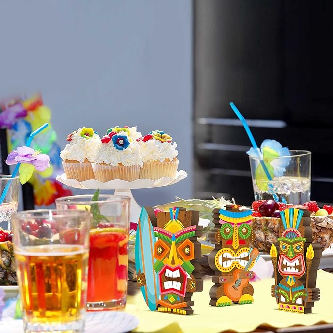 Blulu 3 Pcs Tiki Party Decor Hawaiian Luau Party Decorations Tropical Aloha Wooden Bar Table Sign Colorful Farmhouse Tiki Centerpieces for Table Summer Welcome Housewarming(Classic,5.11 Inch)
