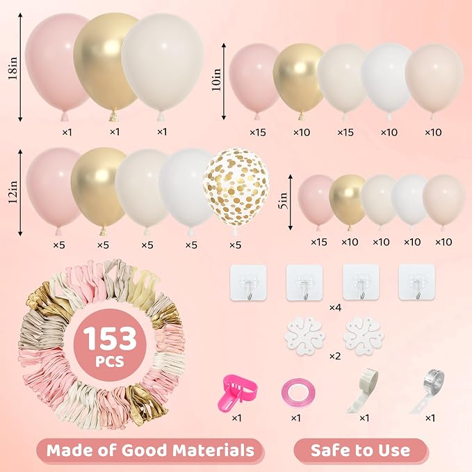 Amandir 153pcs Dusty Pink and Gold Balloon Garland Arch Kit Different Sizes | - Image 2