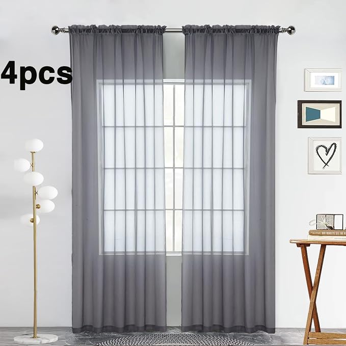 SpaceDresser Grey Sheer Curtains 4 Panels Rod Pocket Semi-Sheer Curtain 45 - Image 2