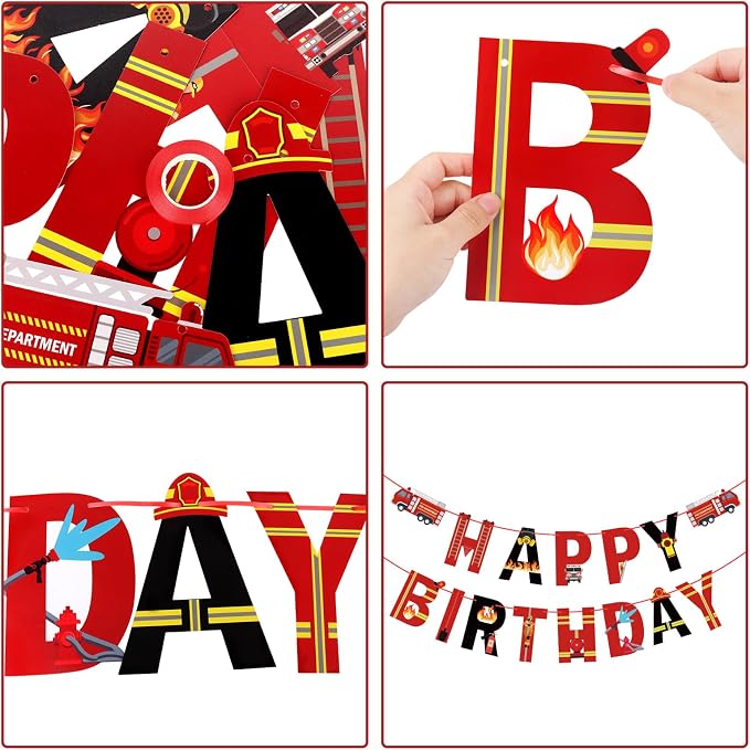 Fire Truck Happy Birthday Banner Fire Engine Rescue Party Sign Firetruck - Image 3