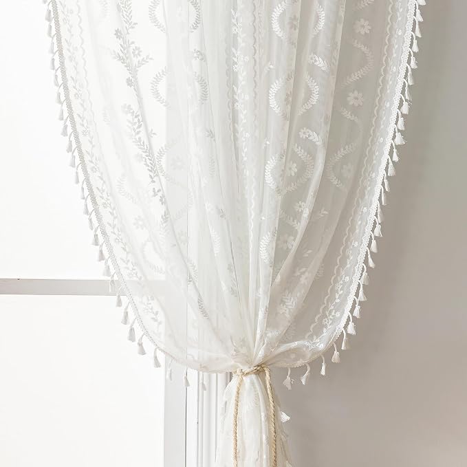WAZZIO Boho Lace Curtains 2 Panels 45 Inches -Cute Vintage Victorian Sheer - Image 4