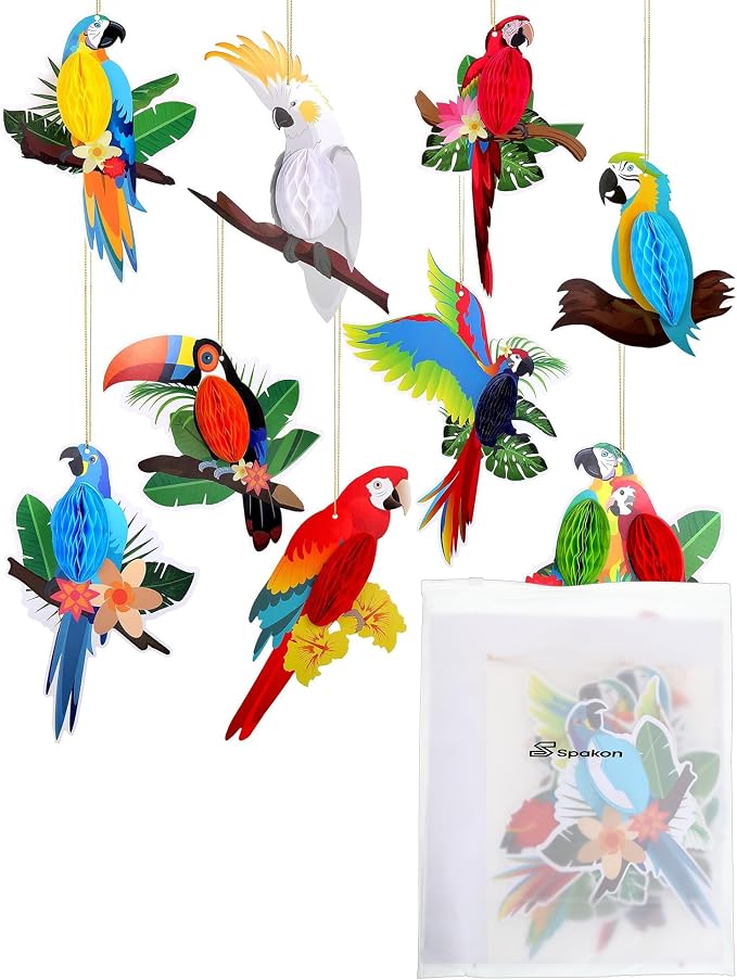 Summer 9 Pcs Tropical Birds Honeycomb Paper Cutouts Luau Parrot Party Decor | - Image 6