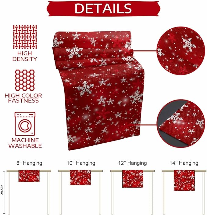Christmas Snowflakes Cotton Linen Table Runner for Dining Kitchen, Red Xmas Winter Snow Wedding Outdoor Party Tablerunners Decoration, New Year Dresser Scarf Coffee Tablecloth Runners 13x72 Inches