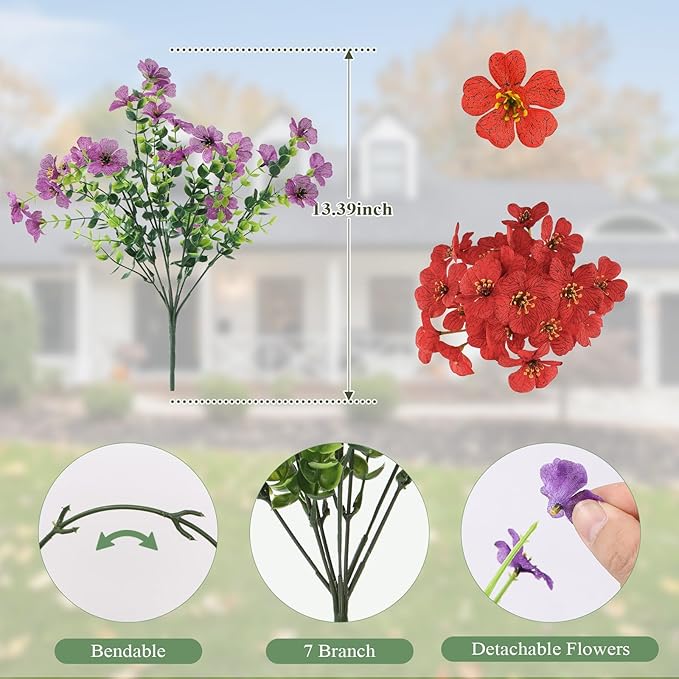 Artificial Flowers for Outdoors 24 Bundles, UV Resistant Colorful Fake Silk Flower Outdoor Planter Garden Decor Indoor Decorations