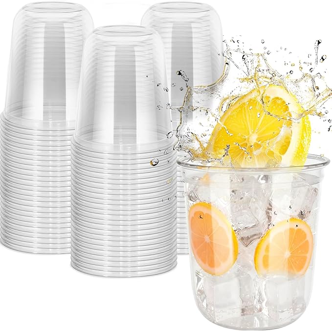 60 Pcs Disposable Stemless Clear Glasses 12 oz NATURAL Arc Crystal Plastic wine glasses Clear Classic Pet Cup for Meeting Weddings Birthdays Cocktail Christmas Party Supplies