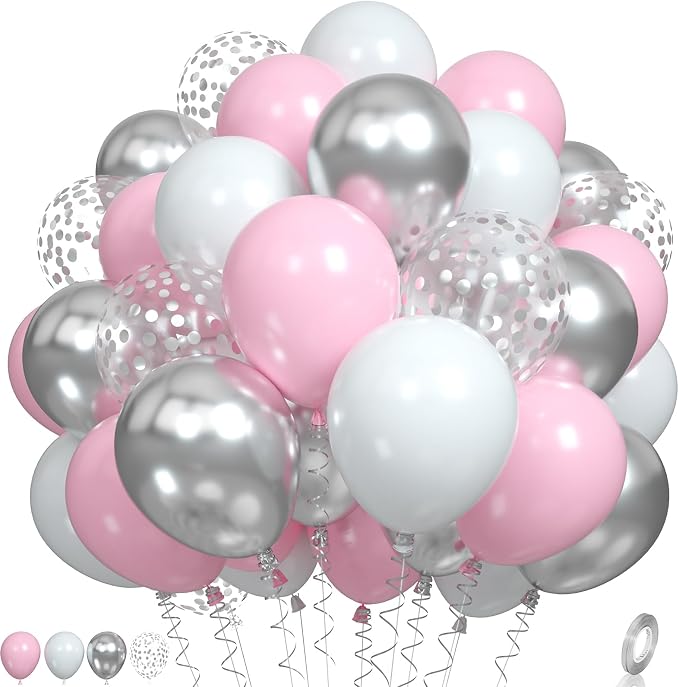 Pink and Silver Balloons, Pastel Pink White Balloon Metallic Silver White by Paready