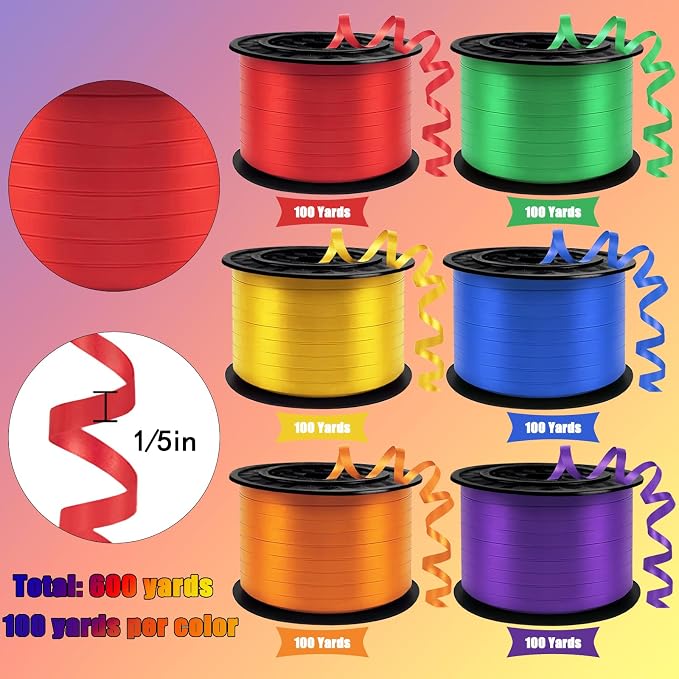 1/5 Inch Curling Ribbon, Set-600 Yards Rainbow Ribbon, 6 Assorted Colors - Image 2