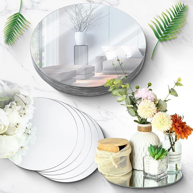 Tuanse 18 Pcs Round Mirror Candle Plate Set Round Trays Circle Centerpieces for Tables Mirror Plate Party Tiles for Wedding Decor Crafts Christmas Decorations(10 Inch)