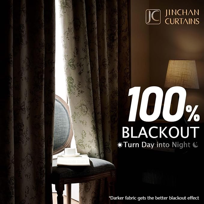 jinchan Green Floral Linen Blackout Curtains 96 Inch Back Tab 2 Panels | - Image 2