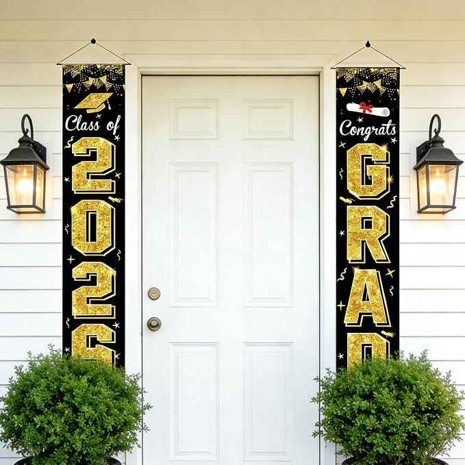 Class of 2026 GRAD Banner Porch black and gold graduation decorations，Welcome - Image 7