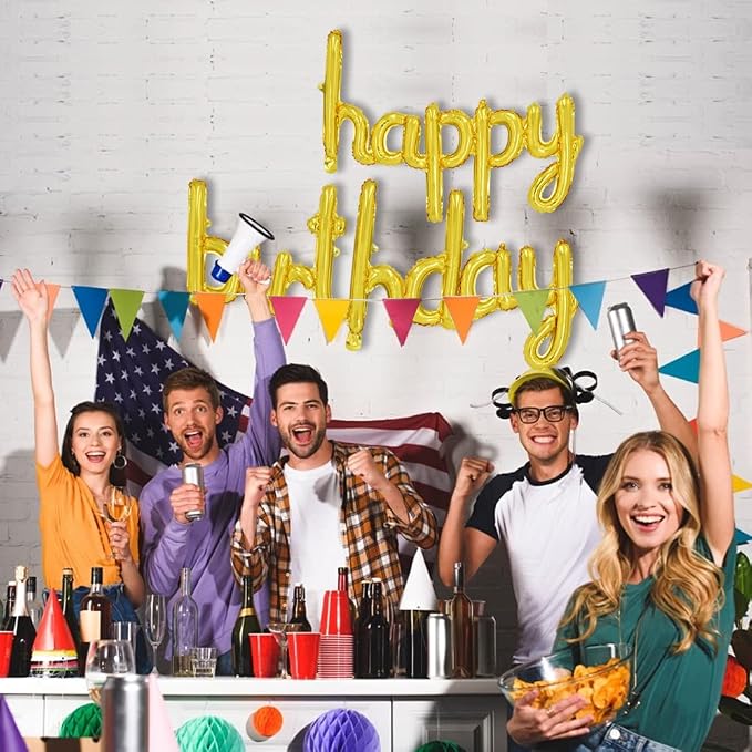 TONIFUL 16 Inch Gold Cursive Happy Birthday Balloons Banner Decorations | - Image 4