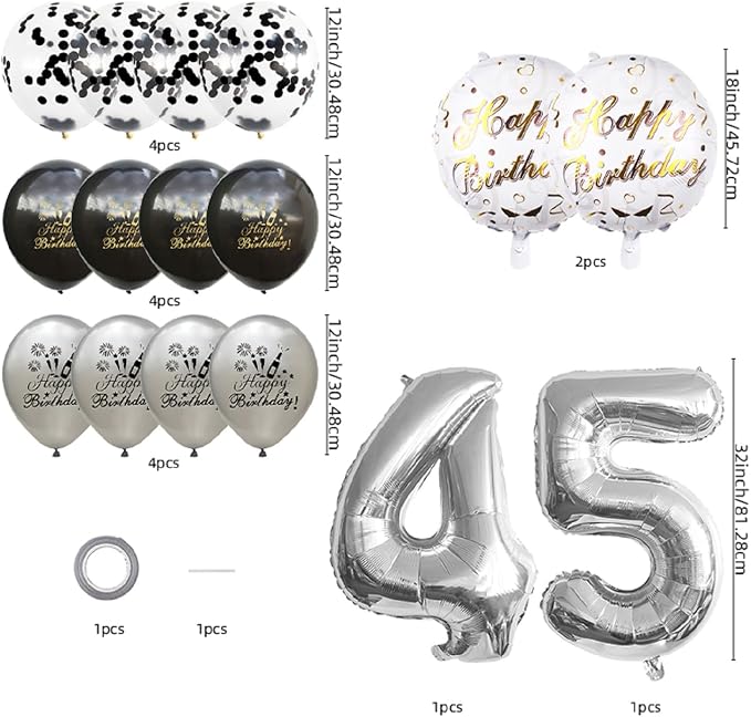 45th Birthday Decoration Silver Number 45 Balloon Set Black & gray Star Foil - Image 3