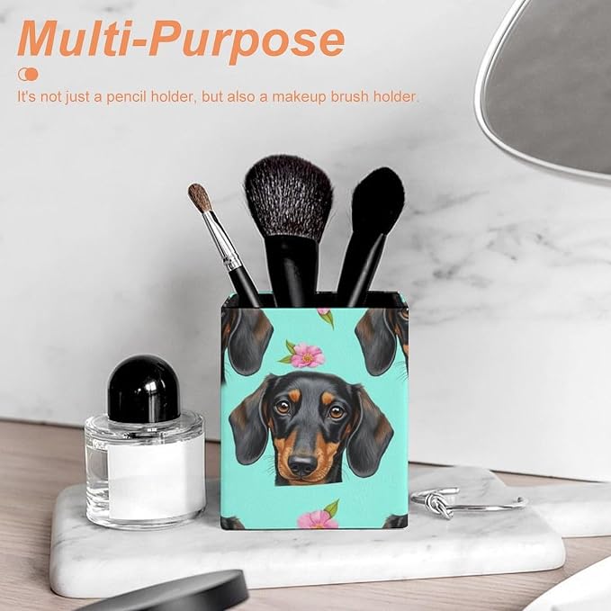 Pencil Holder for Desk, Pu Leather Desktop Container Pen Cup Storage Dachshund - Image 6