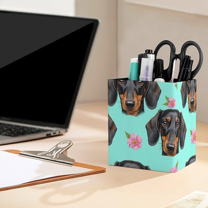 Pencil Holder for Desk, Pu Leather Desktop Container Pen Cup Storage Dachshund - Image 5
