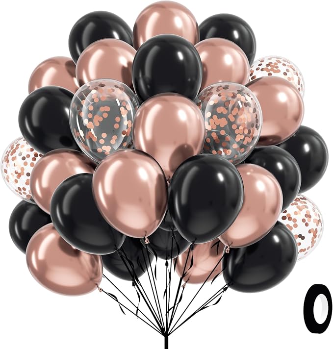 60pcs Rose Gold and Black Balloons 12inch by Awenztech