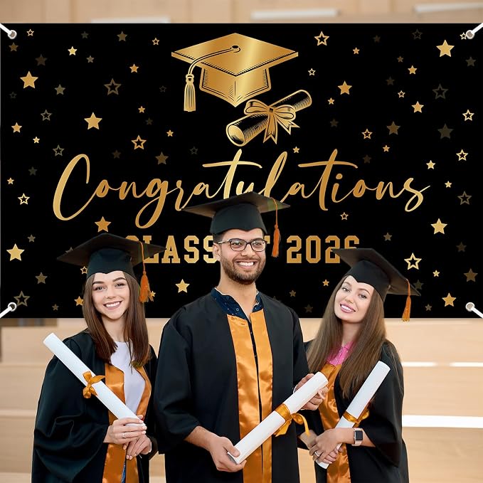Class of 2026 Graduation Backdrop Black Gold Congrats Grad Banner - Image 6
