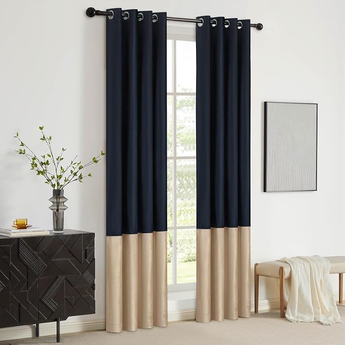 Navy Beige Velvet Blackout Curtains Luxury Decor 96 inches, Color Block | - Image 5