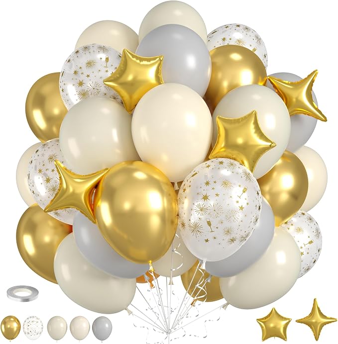 White And Gold Balloons, Fireworks Printed Balloon Star Foil Balloon by Saxuxu