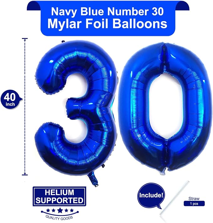 40 Inch Navy Blue 30 Number Balloons Giant Jumbo Huge 30 Foil Mylar Helium - Image 2