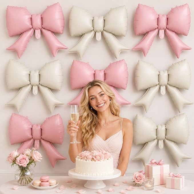 8Pcs Pink White Bow Foil Balloons, 21Inch Pink and White Bow Shaped Balloons - Image 4